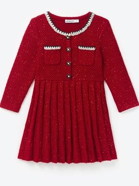 Self Portrait Girls Sparkle Knit Pleated Dress in Deep Red